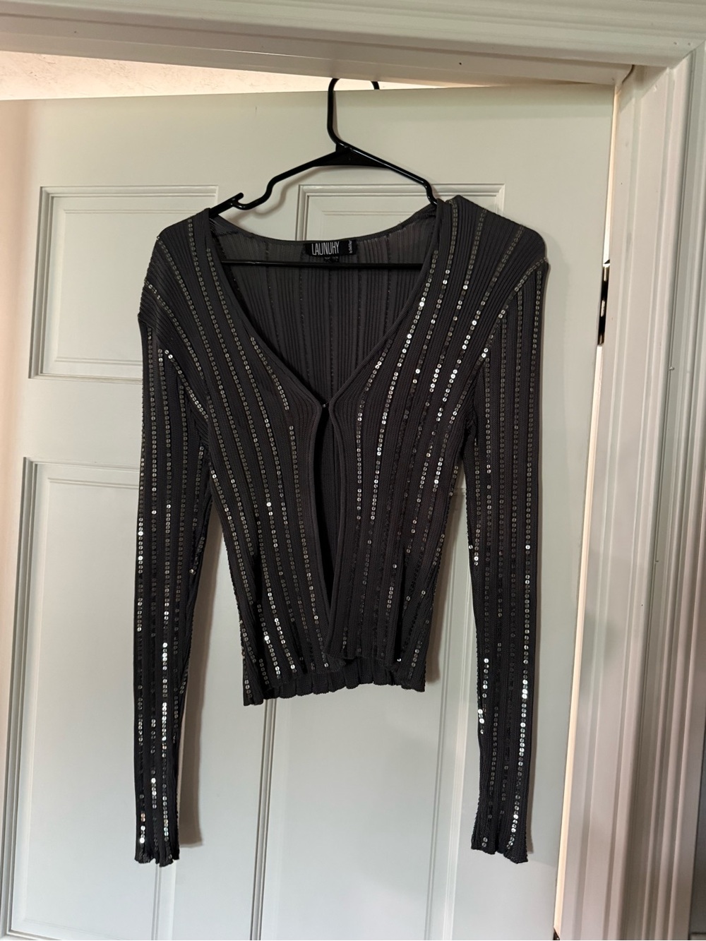 Laundry By Shelli Segal Black Sequin Ribbed V-Neck Long Sleeve Top